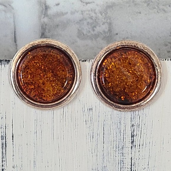 Vintage Sterling Silver Cognac Amber Earrings Circle Clip On - Picture 2 of 12